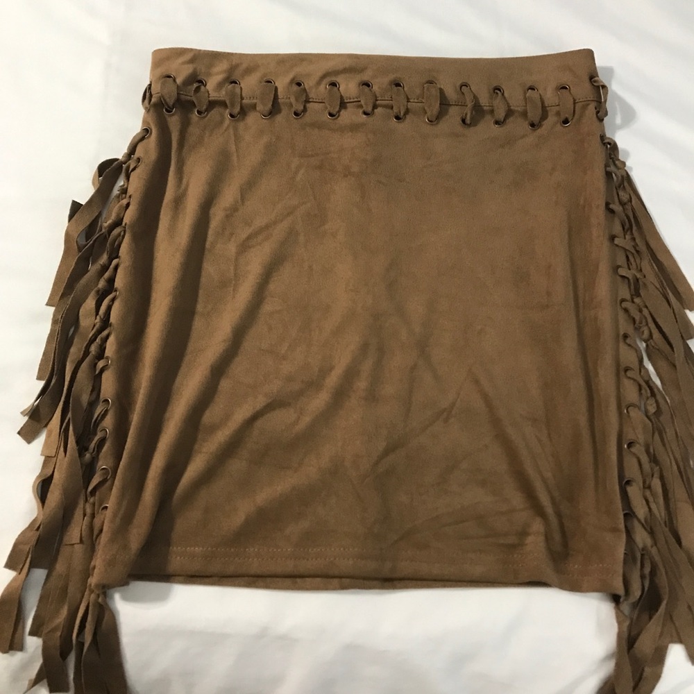 Tan Suede Fringe Mini Skirt